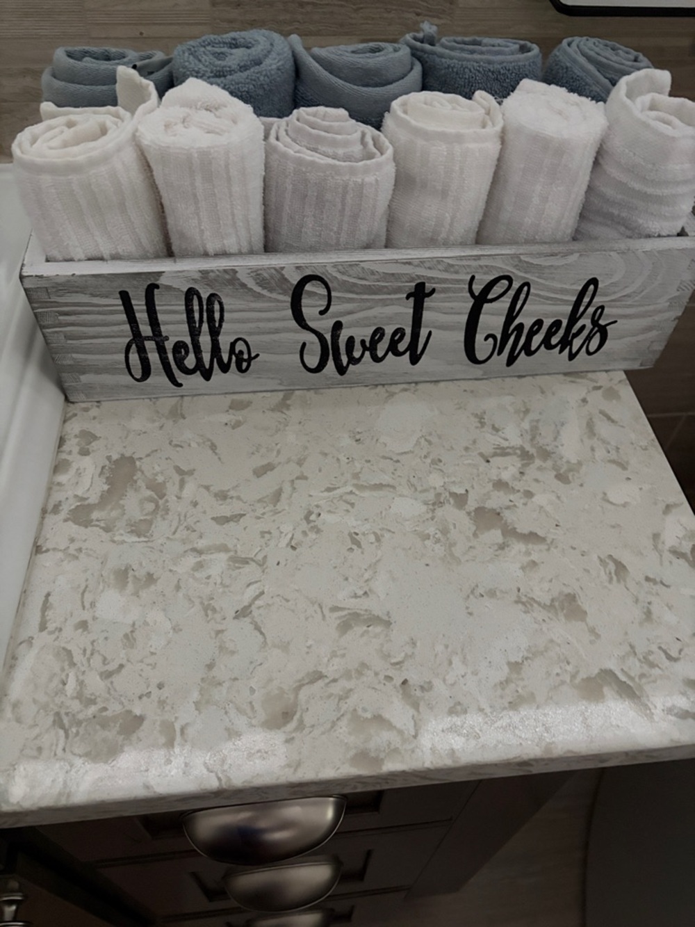 Hello Sweet Cheeks Bathroom Towel Caddy with Washcloths